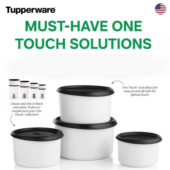 NEW Tupperware One-Touch Toppers Set of 4 Stacking Canisters Black Seals